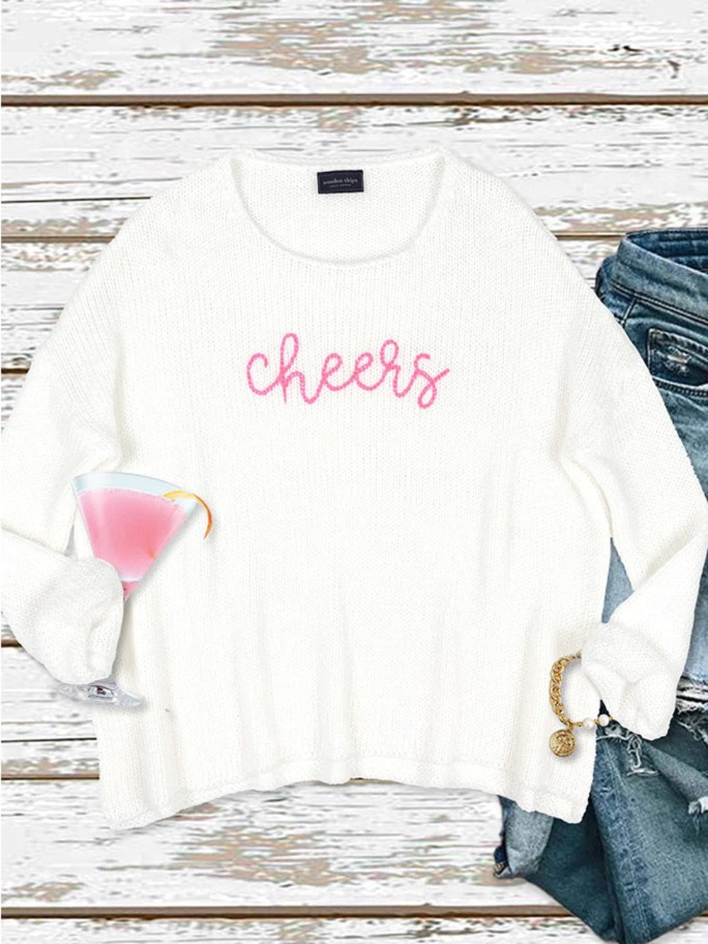 Wooden Ships White Crewneck Sweater with Pink "Cheers" Embroidery